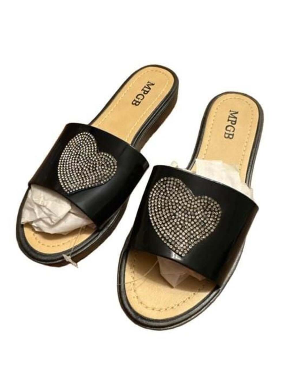 MPGB Black Slide Sandal with Rhinestone Heart